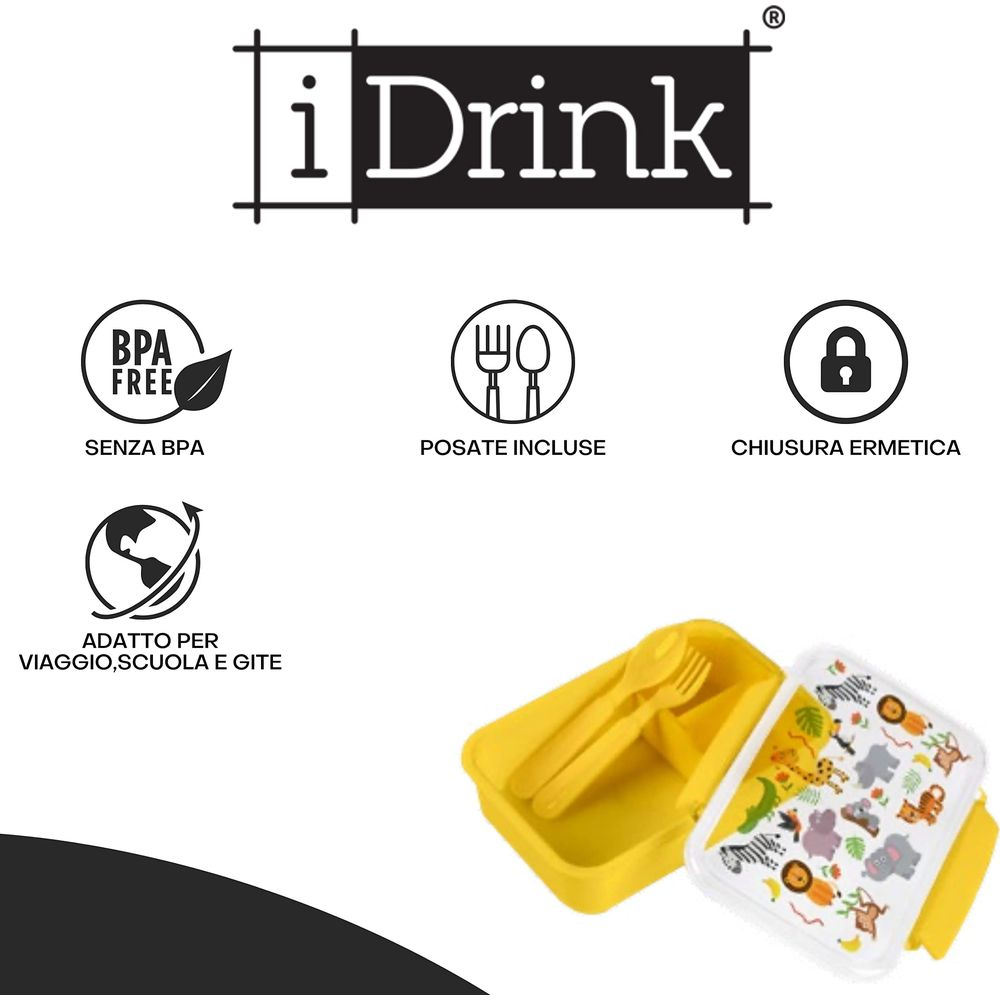 Ein gelber Lunchbox mit Tiermotiv, BPA-frei, inklusive Besteck.