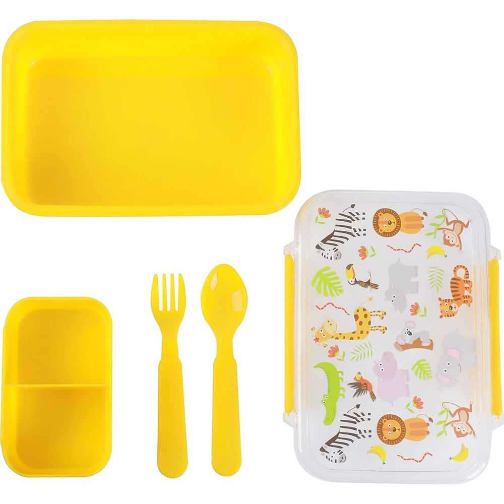 Ein gelber Lunchbox-Deckel, eine gelbe Box, eine gelbe Gabel und ein Löffel.