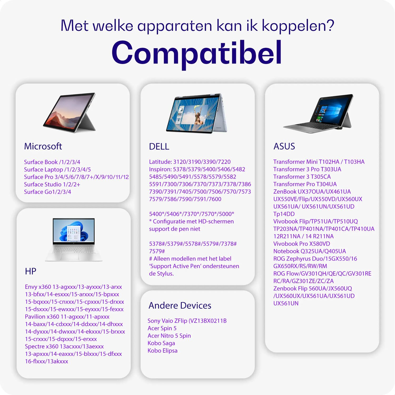 Overzicht van compatibele laptops van Microsoft, Dell, HP en Asus.