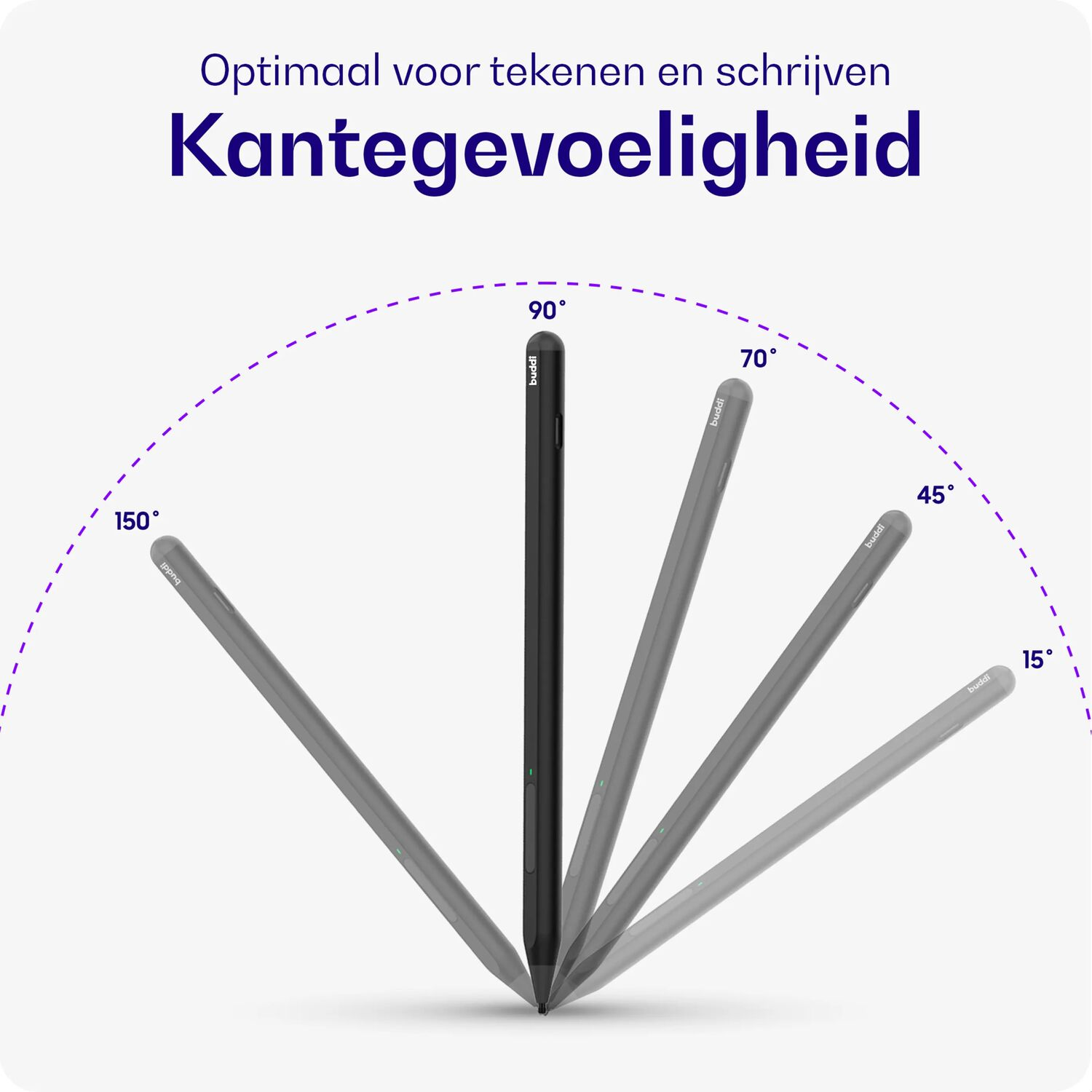 Stylus getoond onder verschillende hoeken van 15° tot 150° op wit oppervlak.