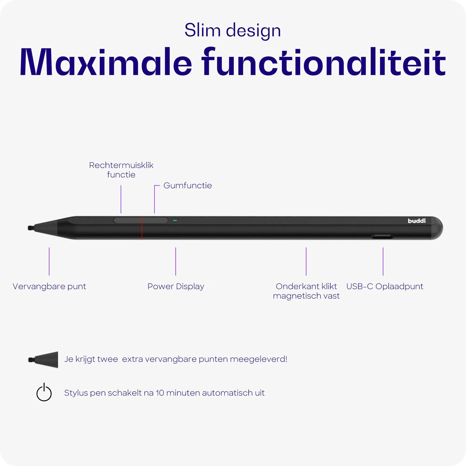 Zwarte stylus pen met labels: VERVANGBARE PUNT, POWER DISPLAY, MAGNETISCH, USB-C