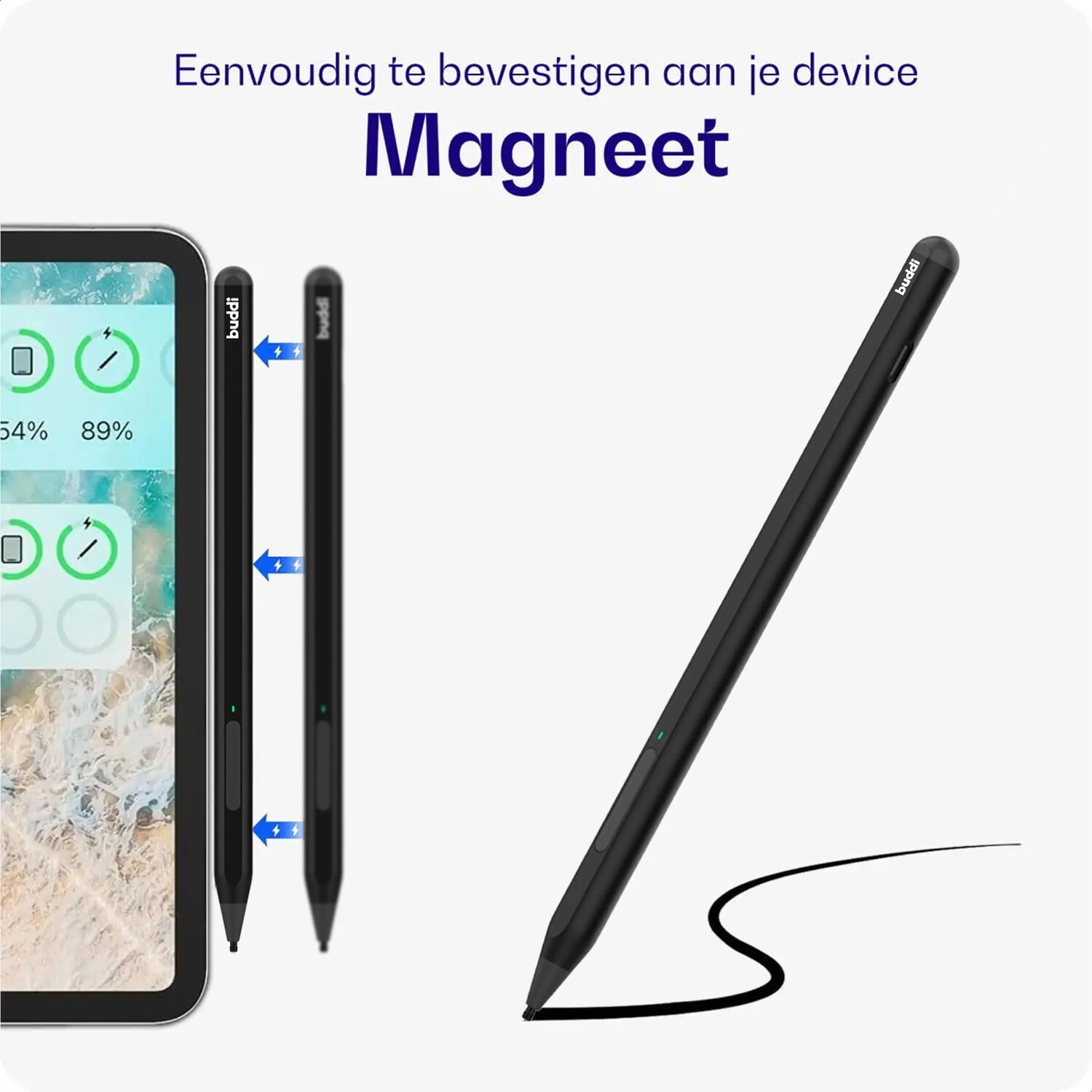 Een zwarte stylus wordt getoond op een witte achtergrond, naast een telefoon.