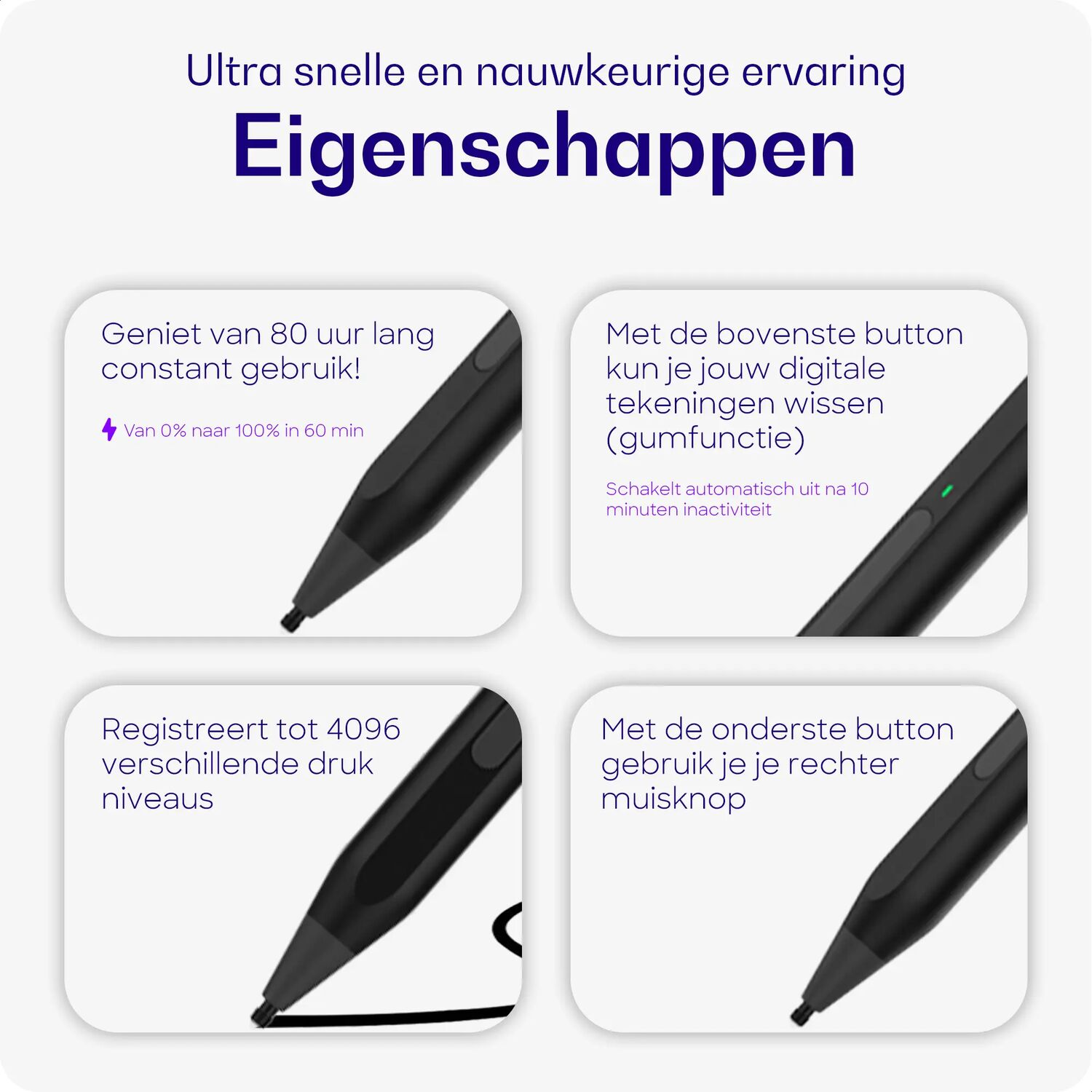 Stylus met 4 functies: 80u batterij, 0-100% in 60min, gumfunctie, 4096 drukniveaus.