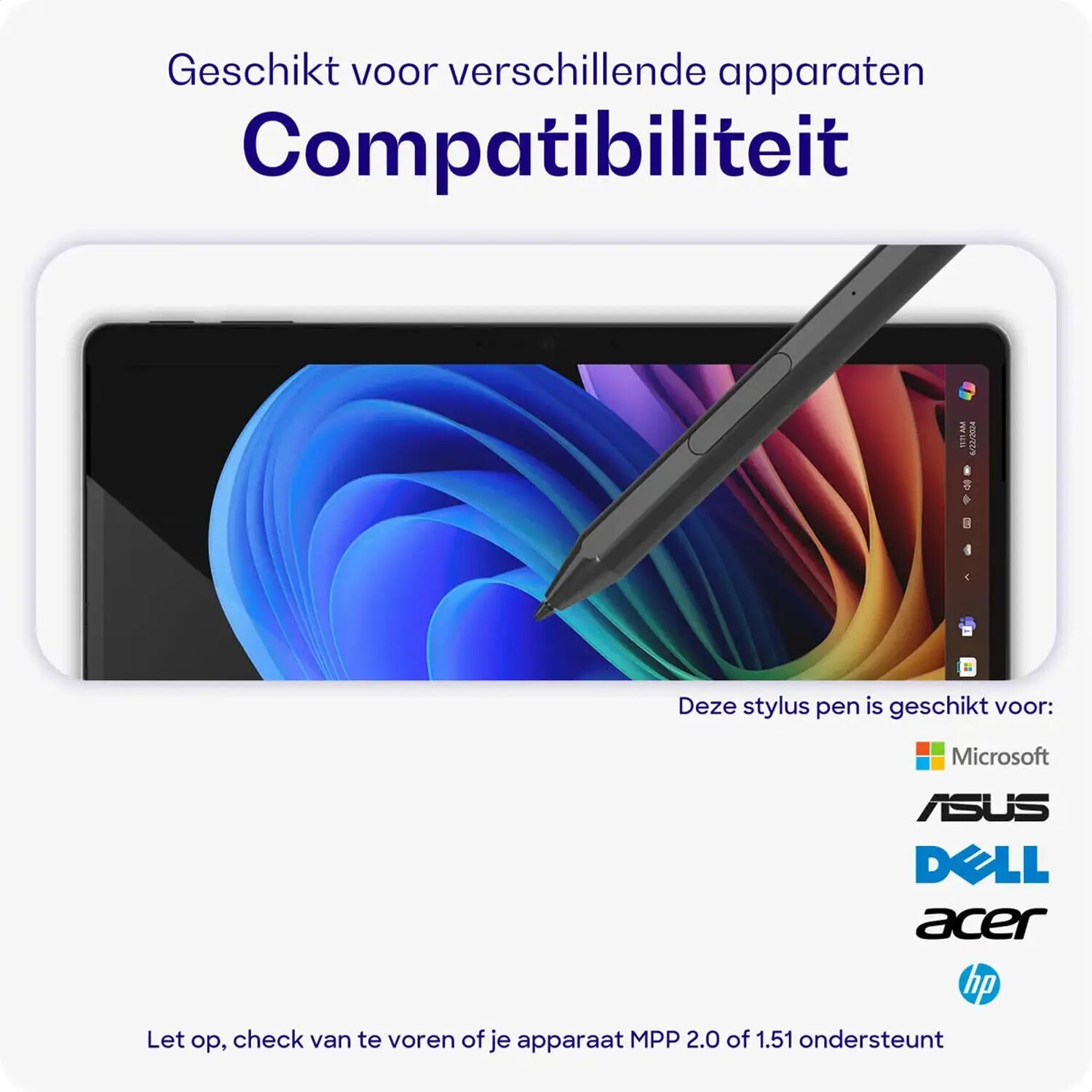 Een zwarte stylus raakt tablet aan met kleurrijk behang. Logo's onderaan.