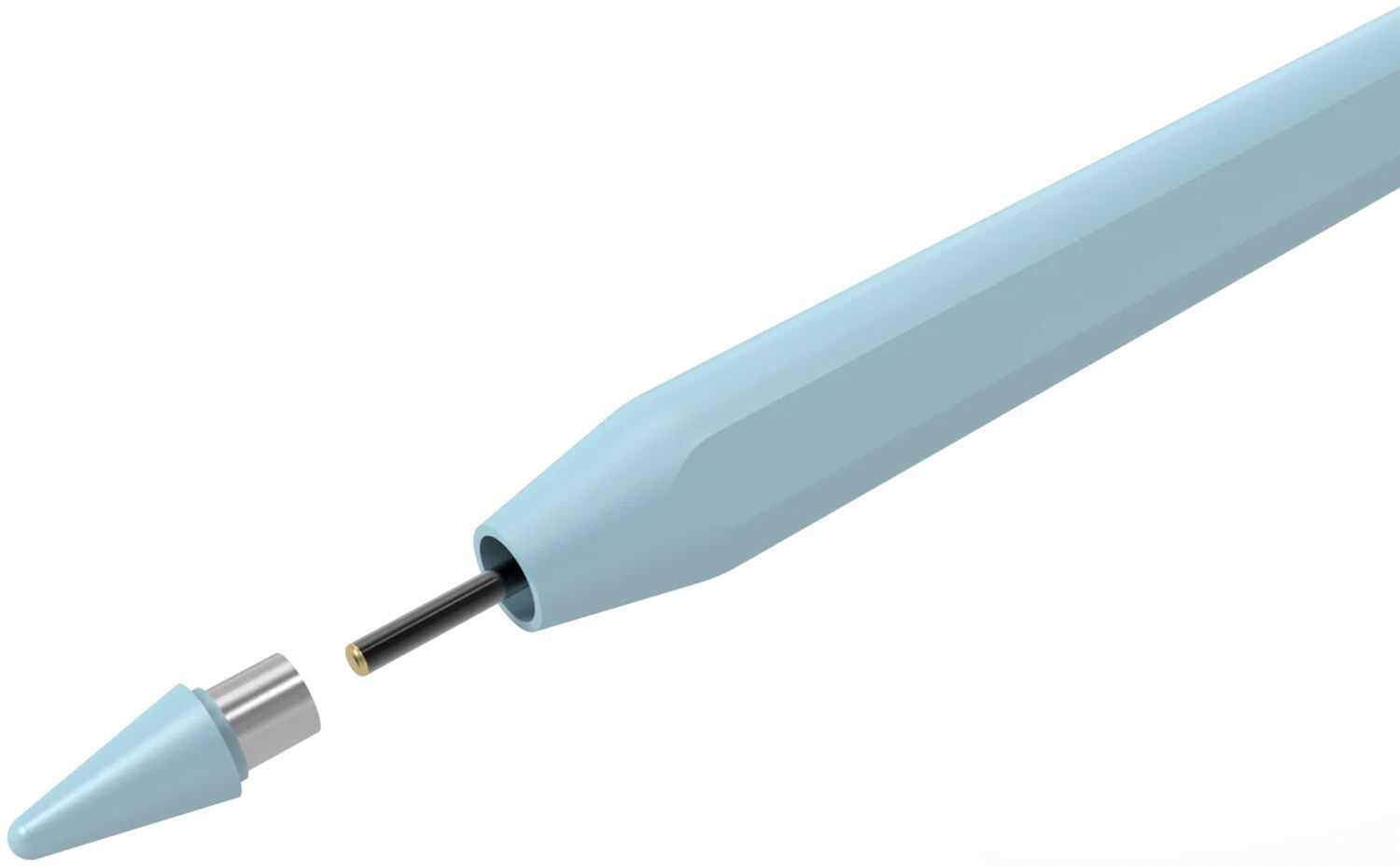 Een lichtblauwe stylus met losgemaakte punt en zwarte nib op witte achtergrond.