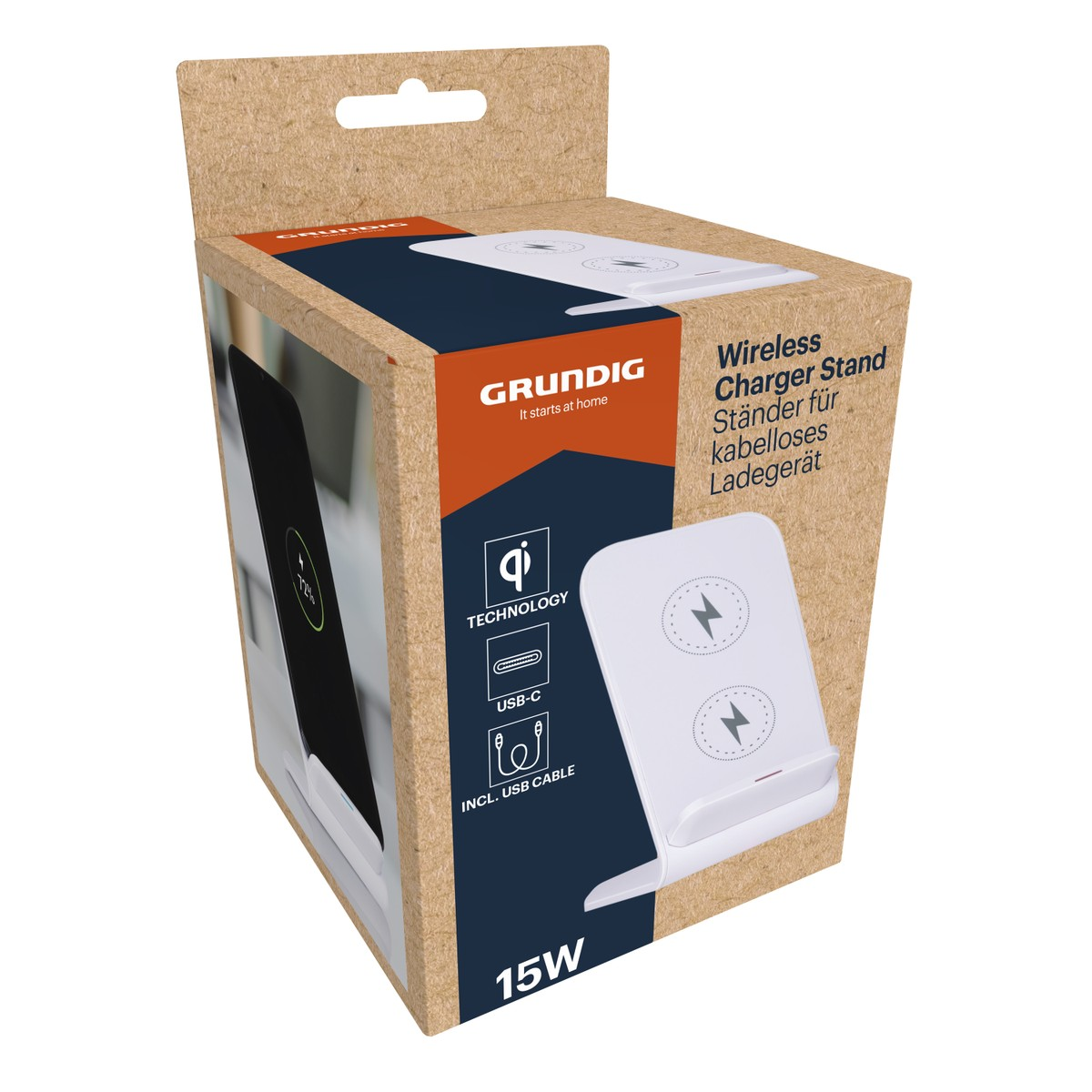 Verpakking van een witte 15W draadloze lader met Qi-technologie.
