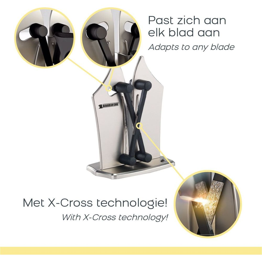 Ein silberner Messerschärfer mit schwarzen Griffen und X-Cross-Technologie.