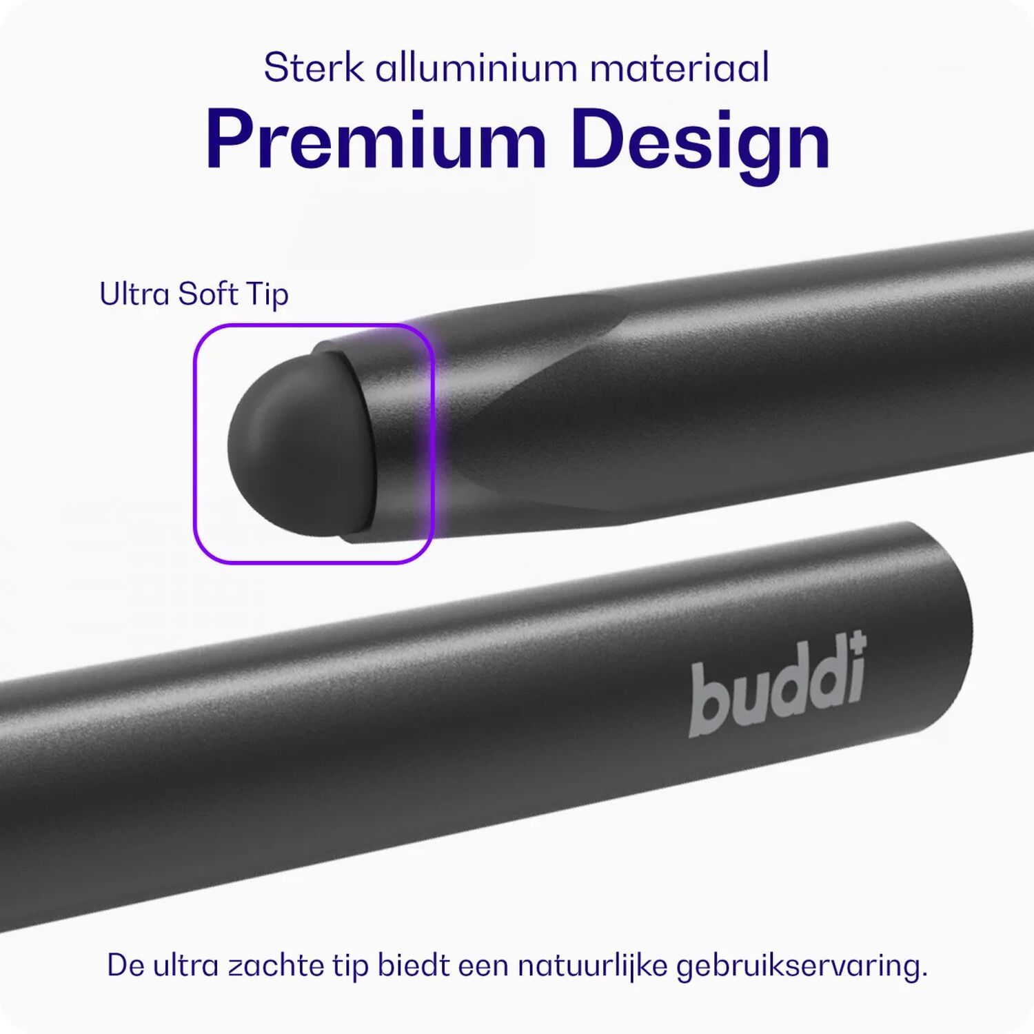 Een zwarte stylus met zachte punt en 'buddi' logo.