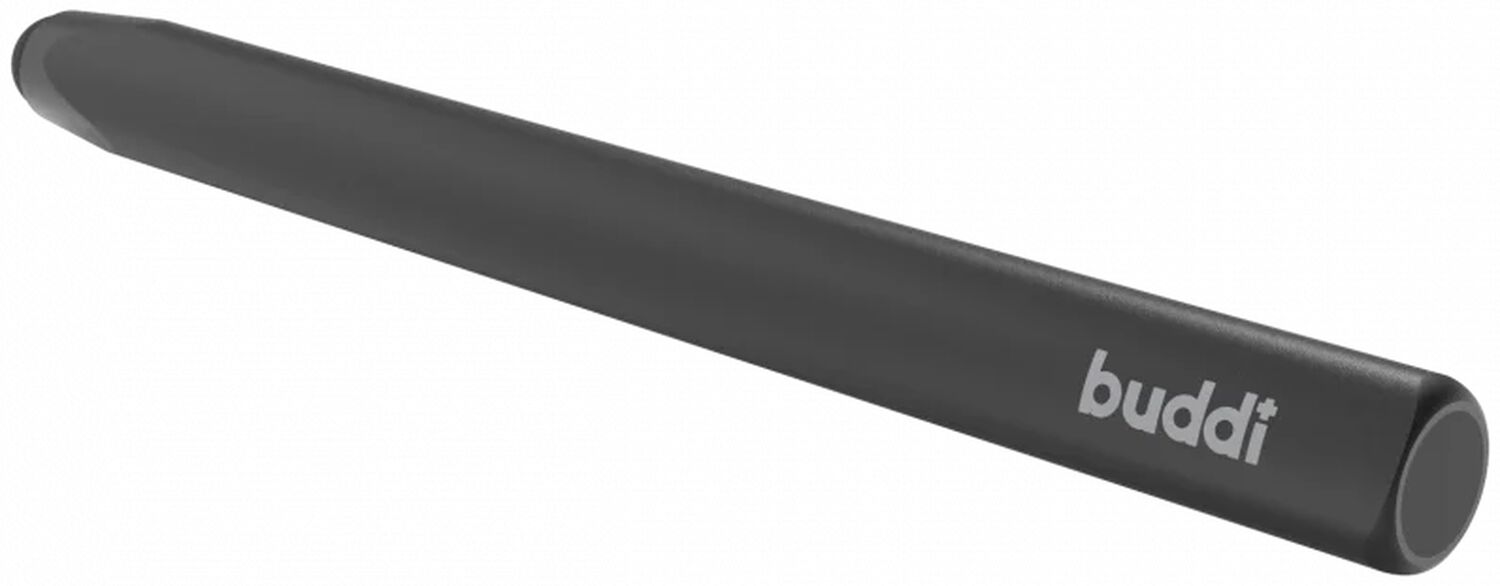 Een donkere, slanke pen met 'buddit' erop.