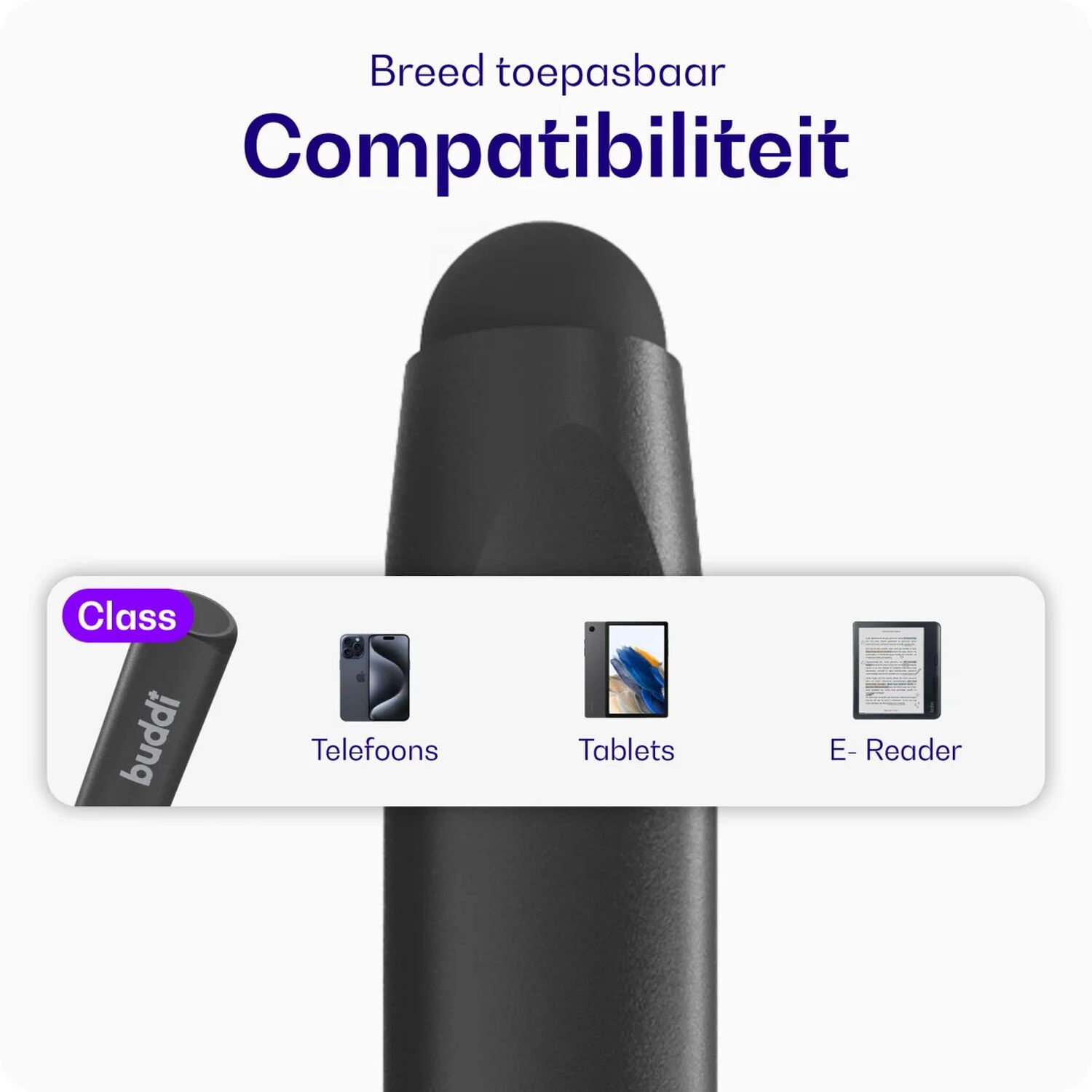 Een zwarte pen met de labels 'Class' en 'buddi'. Iconen voor telefoons, tablets en e-readers worden ernaast getoond.