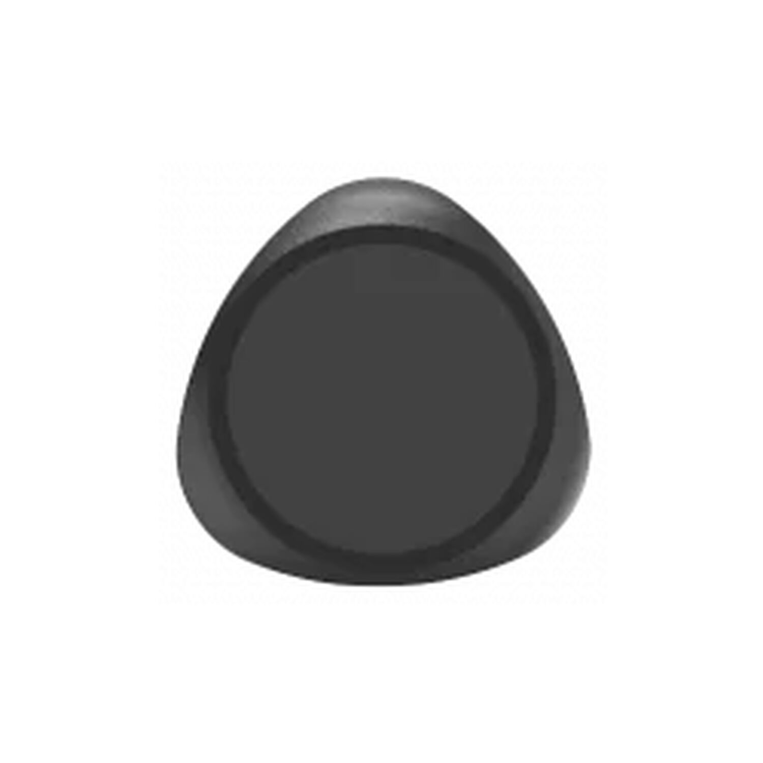 Een driehoekig, zwart object met een cirkelvormig middengedeelte.
