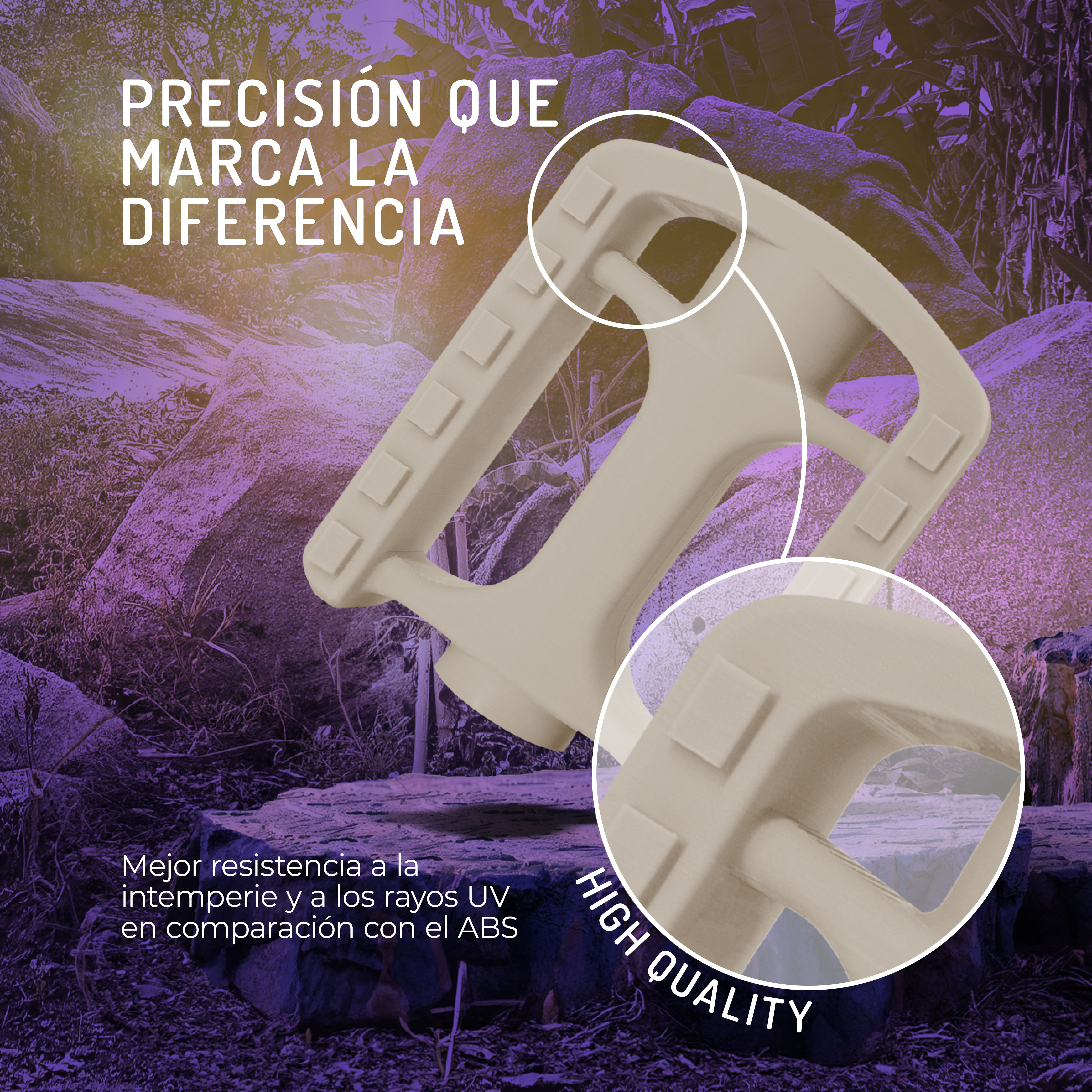 Un clip de pedal de bicicleta beige con texto 'High Quality' al aire libre.