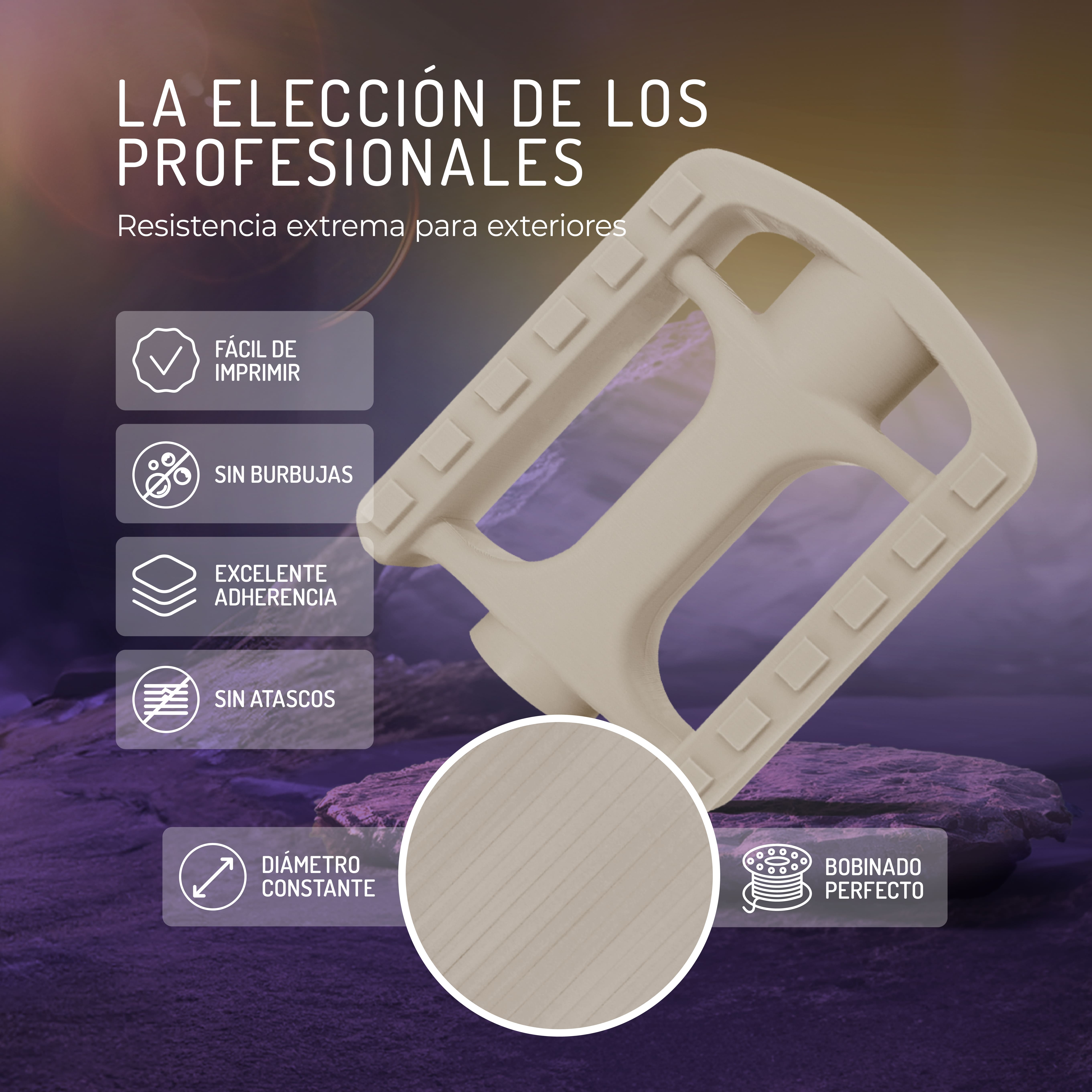 Carrete de filamento de impresión 3D beige con iconos de fácil uso.