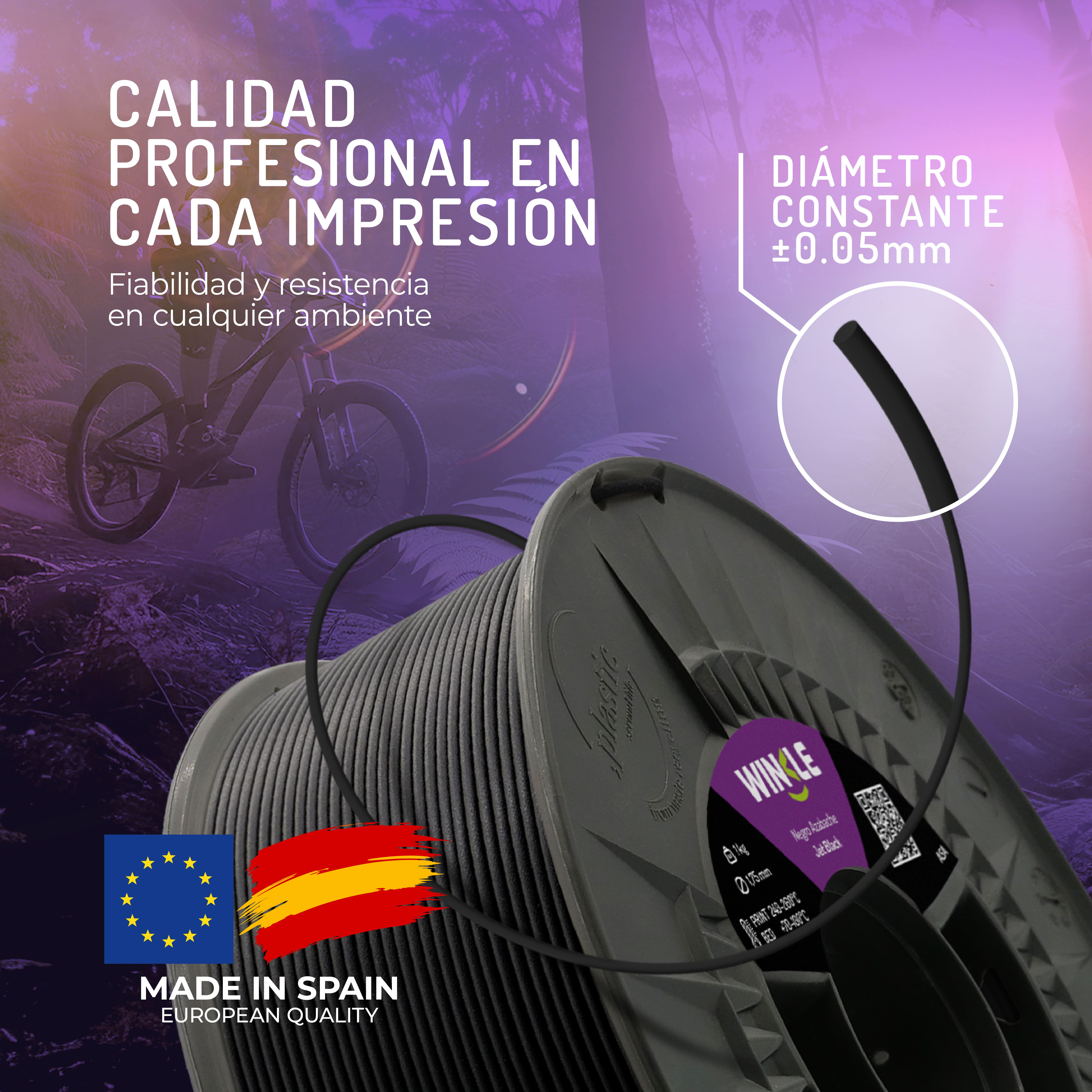 Bobina de filamento negro para impresión 3D, banderas UE y España, ciclista de montaña.