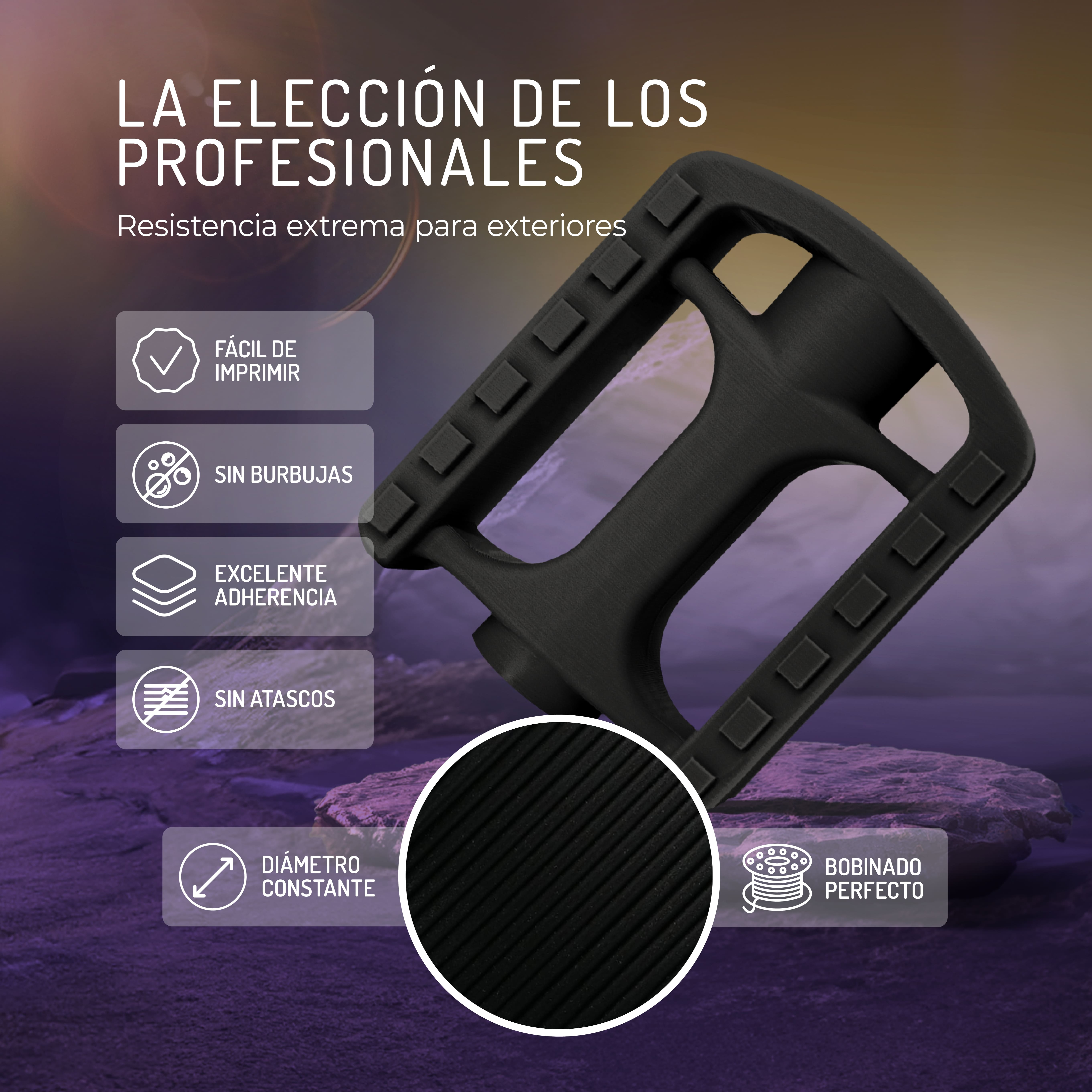 Un objeto impreso en 3D negro con superposiciones de texto e iconos.