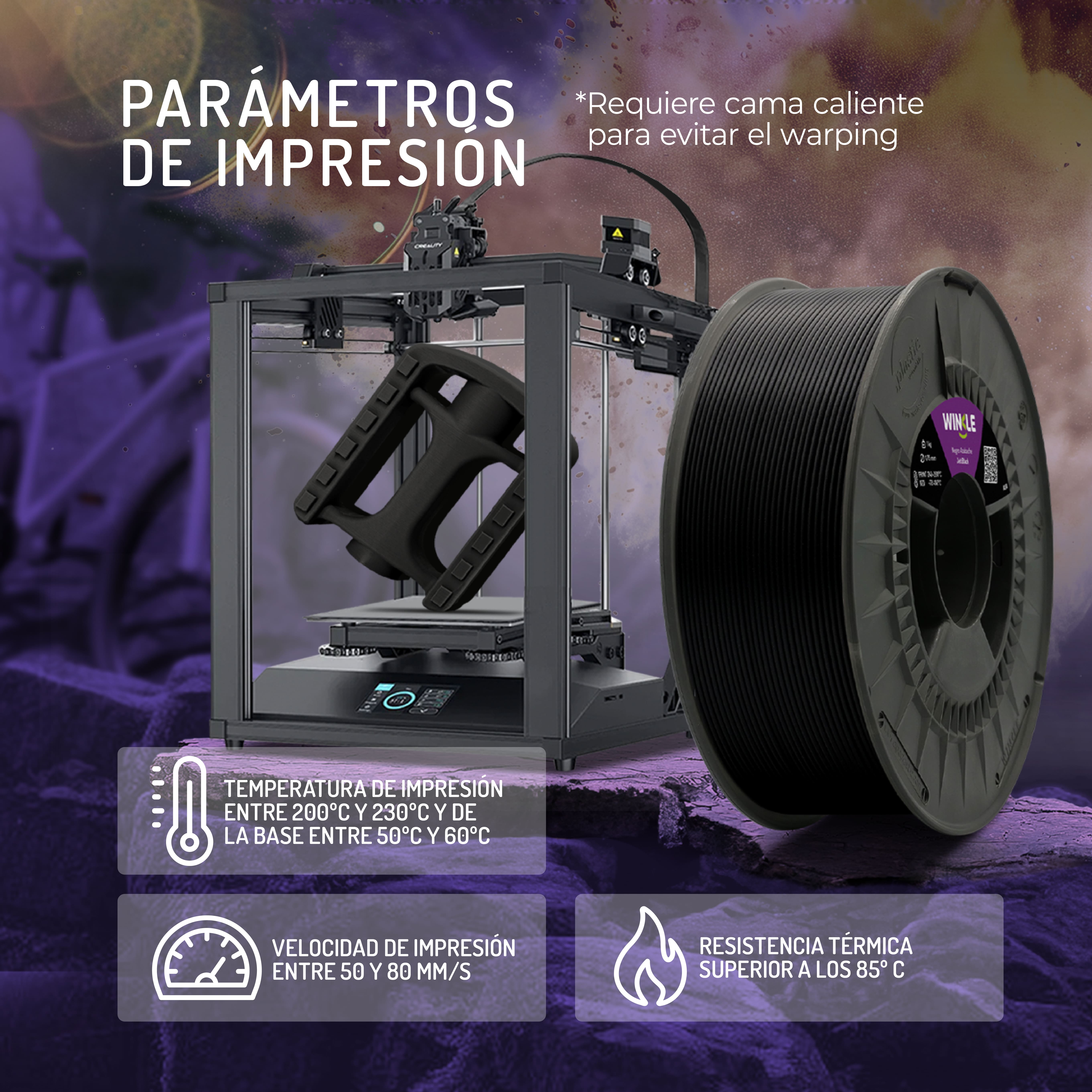 Impresora 3D con carrete de filamento y parámetros de impresión: temp, velocidad.