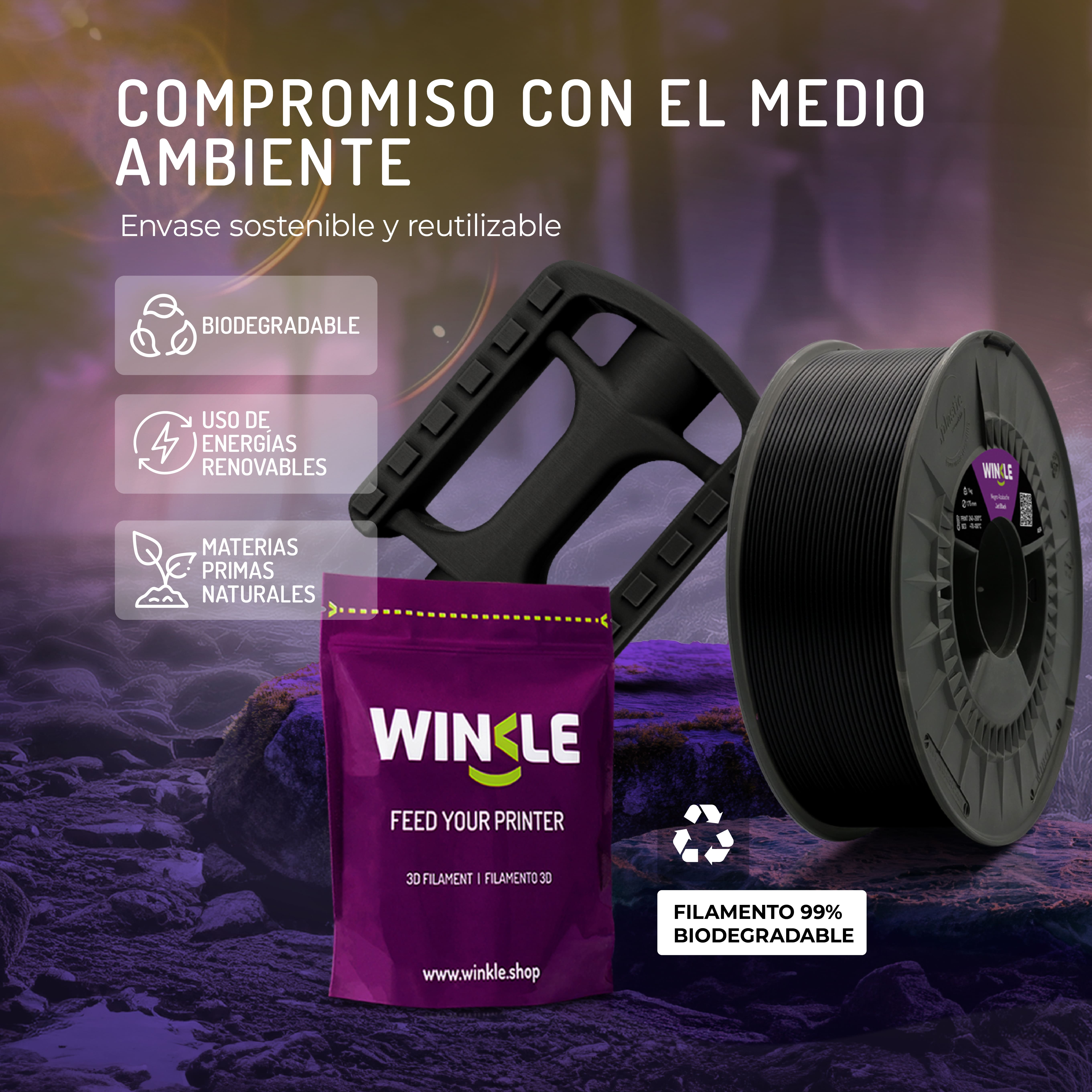Bobina de filamento negro para impresora 3D con embalaje Winkle, ecológico.