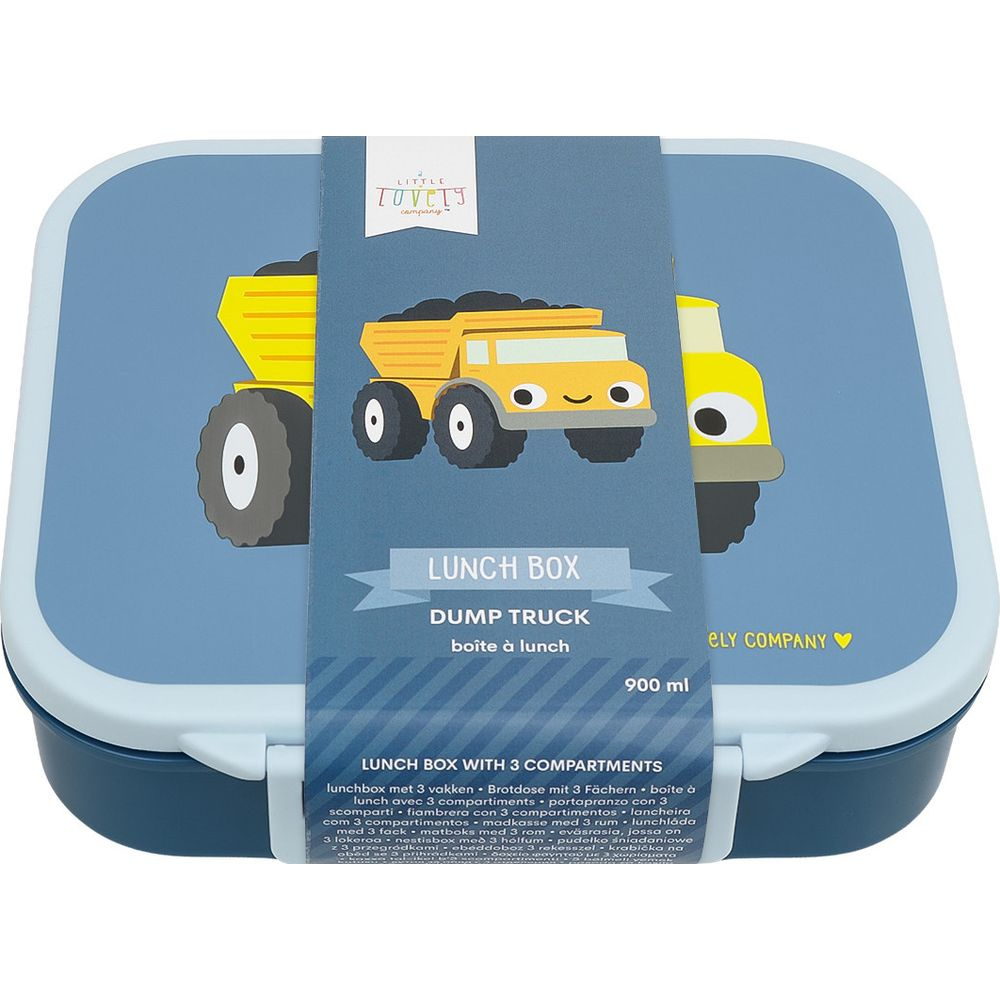 Blauer Lunchbox mit einem gelben Kipplaster-Design und der Aufschrift „Dump Truck“.