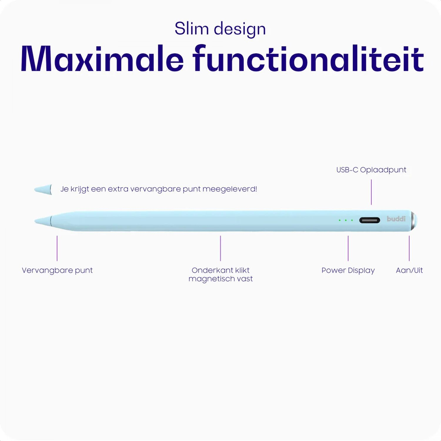 Lichtblauwe stylus met USB-C, Power Display en vervangbare punt.