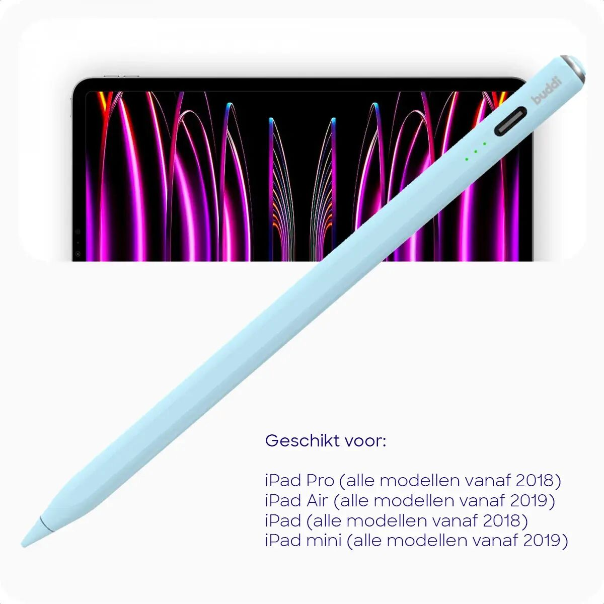Een lichtblauwe stylus ligt voor een tablet met een abstracte, kleurrijke achtergrond.