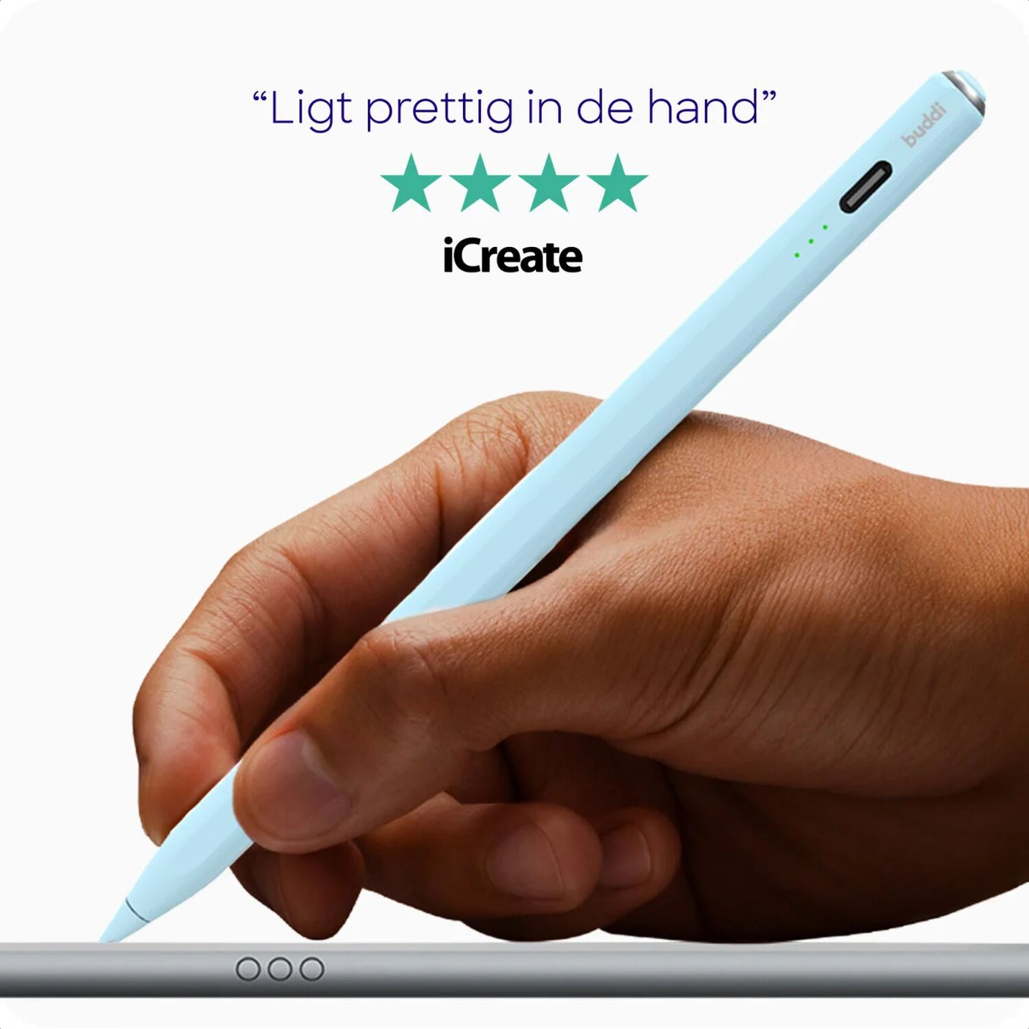Hand houdt lichtblauwe stylus op tablet. "Ligt prettig in de hand".