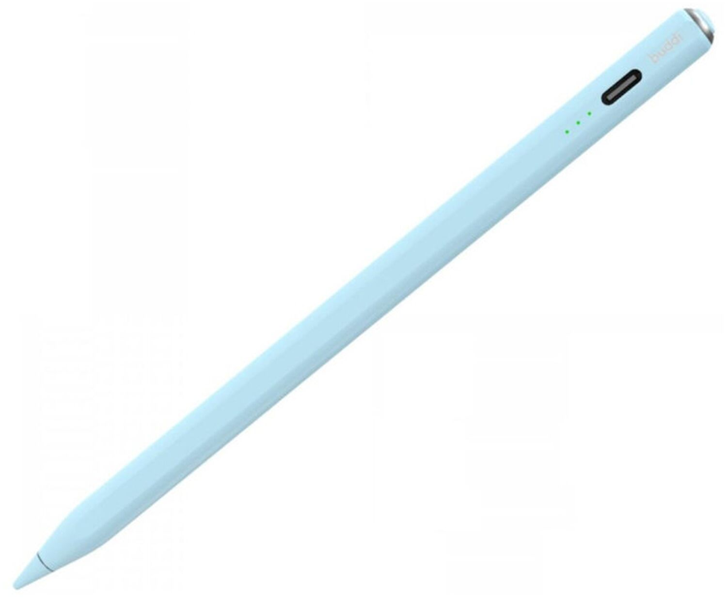 Een lichtblauwe stylus met drie groene indicatielampjes en een zwarte schakelaar.