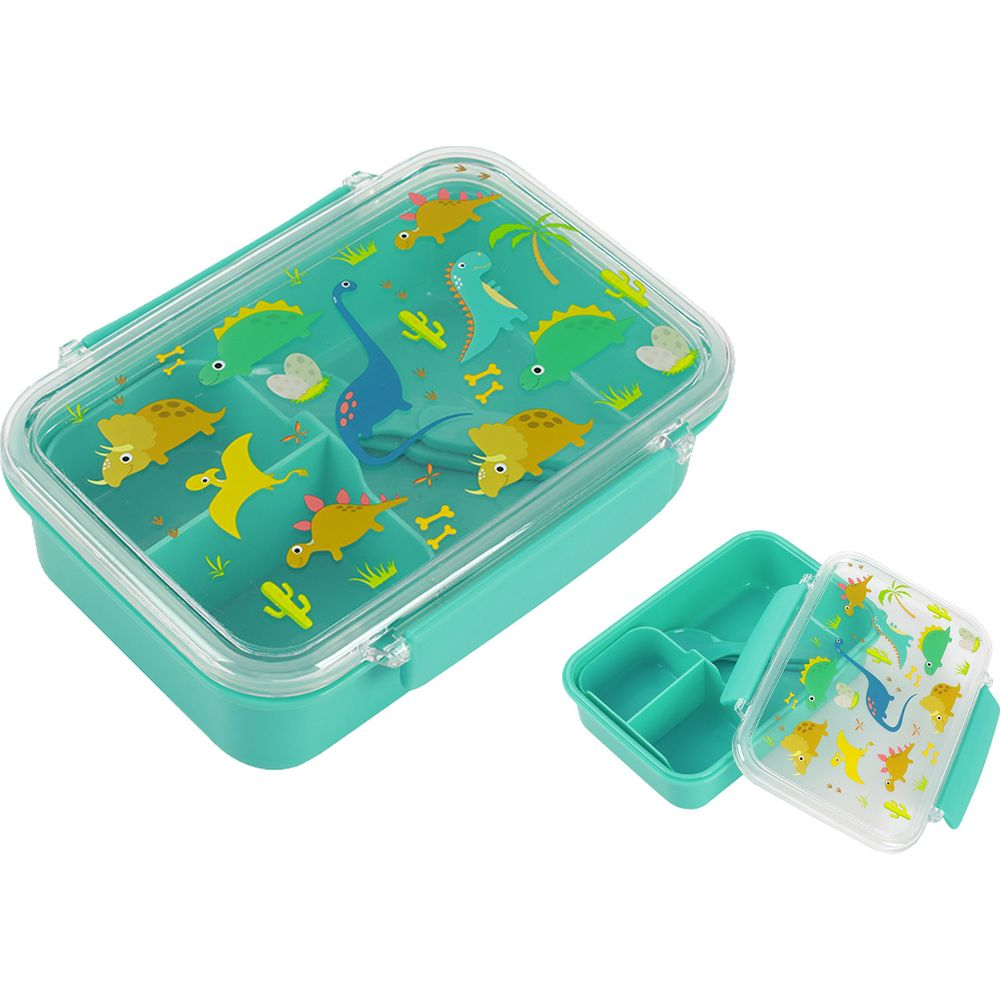 Türkiser Brotdosen-Set mit Dinosaurier-Motiven, inklusive kleinem Behälter.