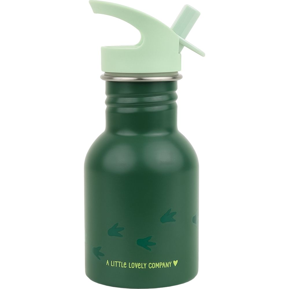 Grüne Trinkflasche mit Dino-Fußabdrücken und rosa Deckel mit Trinkhalm.