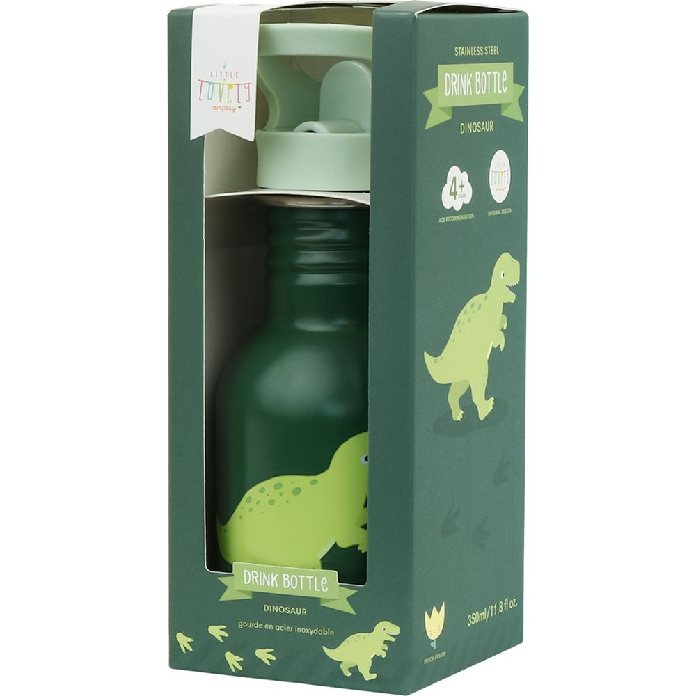 Grüne Trinkflasche mit Dinosaurier-Motiv in passender Verpackung.