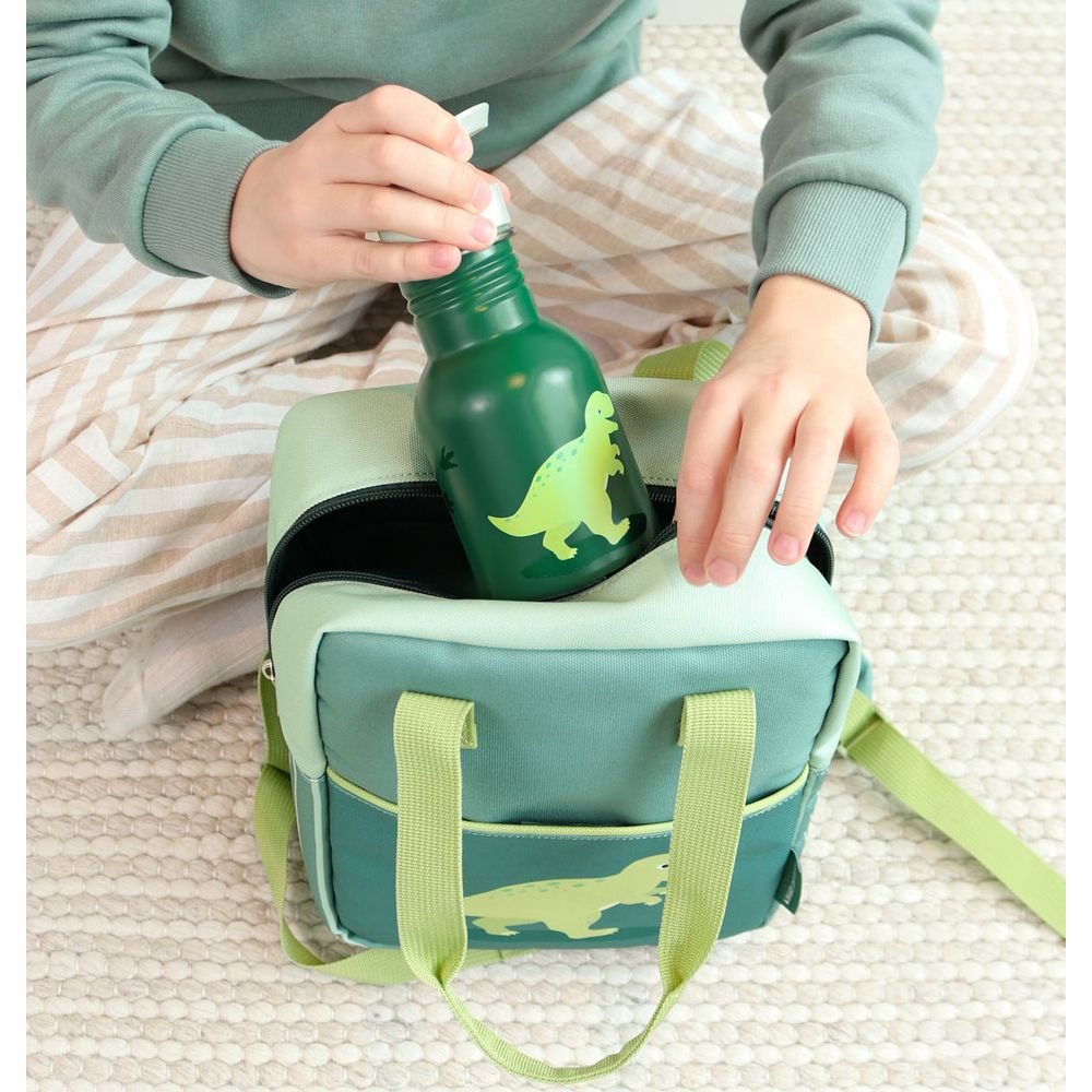 Kind legt eine grüne Dinosaurier-Wasserflasche in eine grüne Lunchtasche auf einer gestreiften Decke.