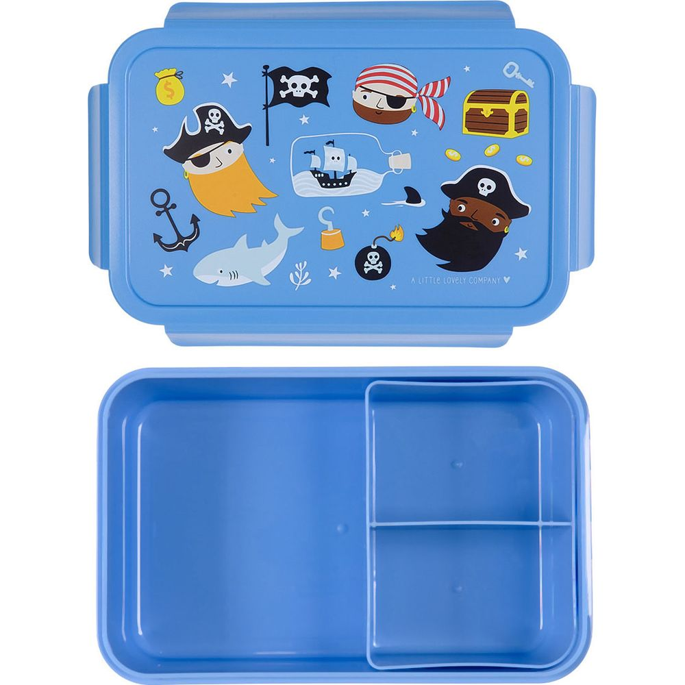 Blaue Brotdose mit Piratenmotiven: Schiffsflasche, Schatzkiste, Haifisch.
