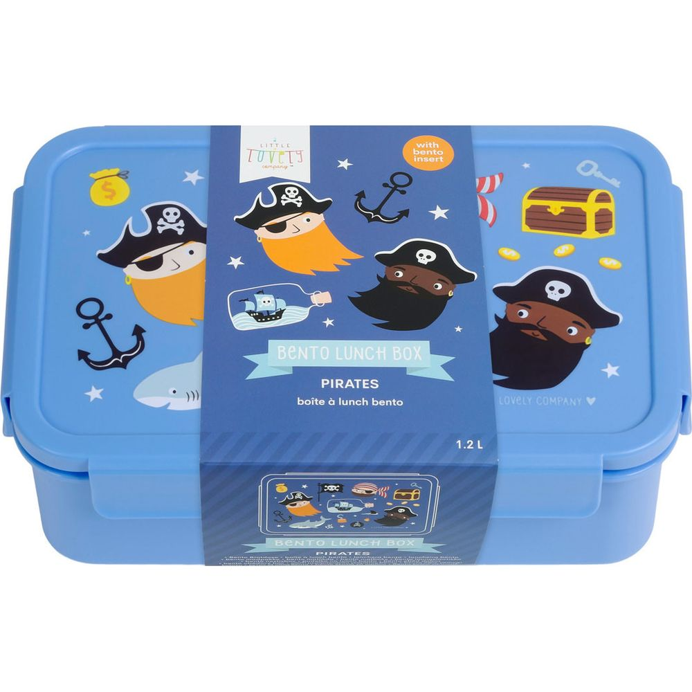 Blaue Brotdose mit Piratenmotiven, Ankern und Schatzkiste.