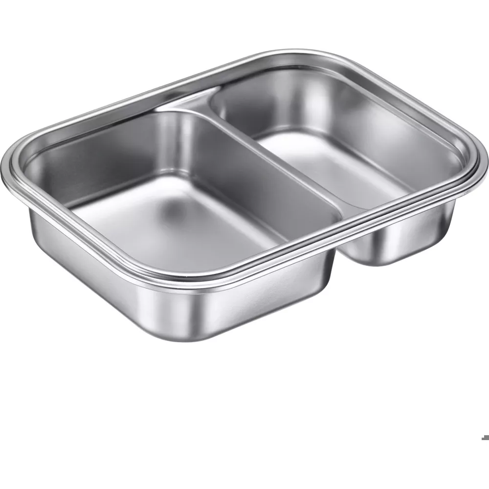 Ein rechteckiger, silberner Metallbehälter mit zwei Fächern.