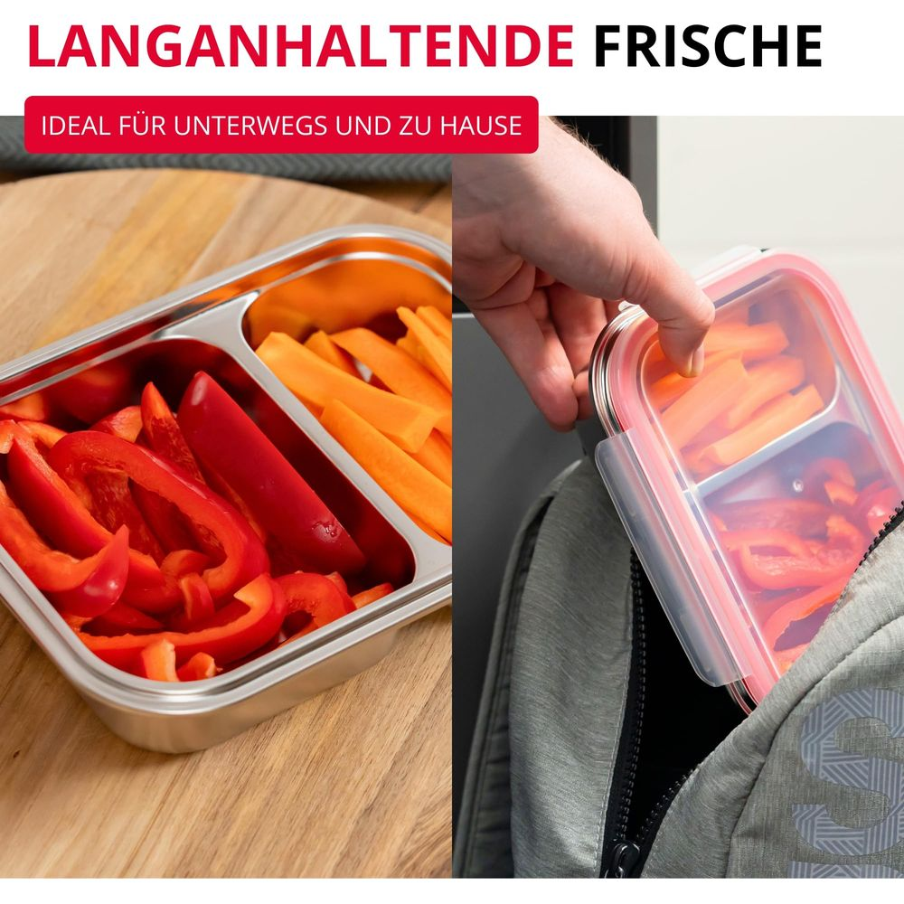 Edelstahl-Lunchbox mit Paprika und Karotten, ideal für unterwegs.