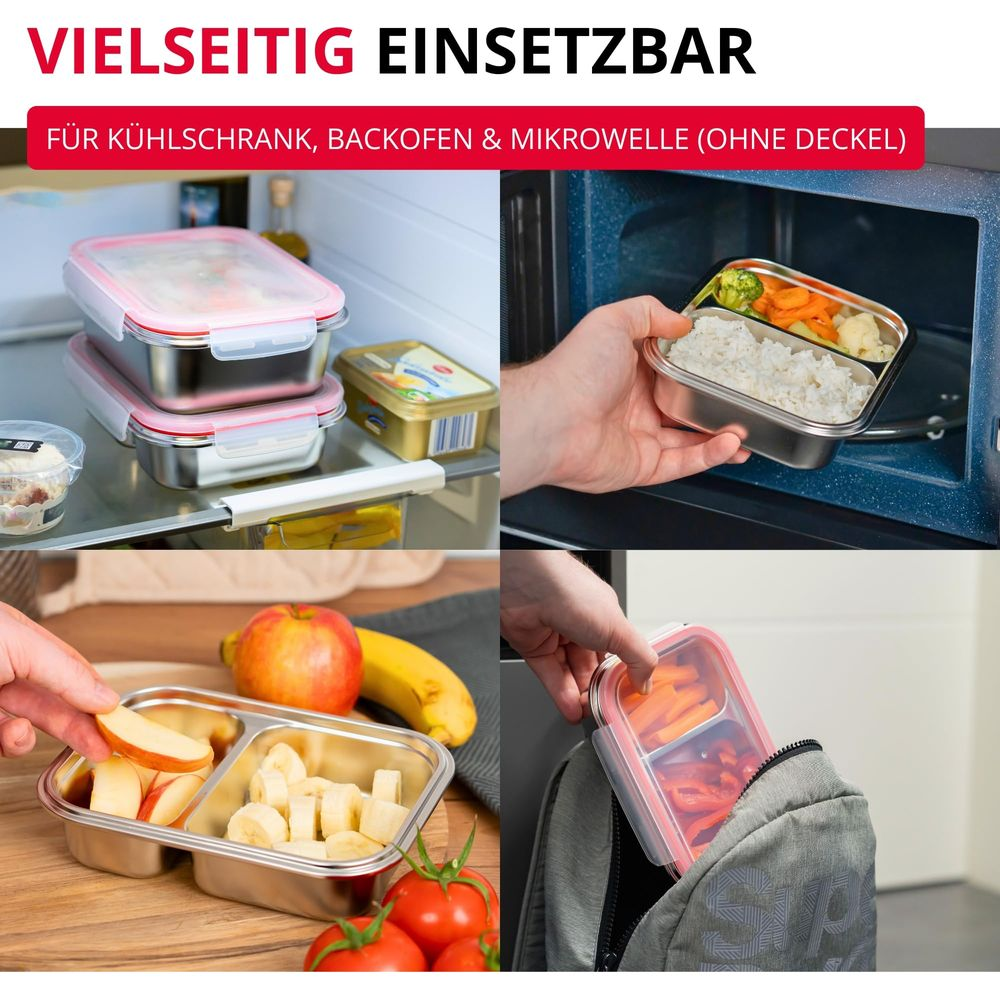 Mehrere Lunchboxen, eine im Kühlschrank, eine in der Mikrowelle, eine mit Obst, eine in einer Tasche.