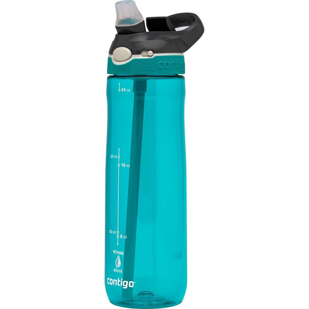 Türkise Contigo-Trinkflasche mit Strohhalm und Messmarkierungen.