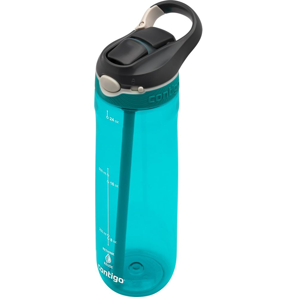 Eine blaue Contigo-Wasserflasche mit schwarzem Deckel und Strohhalm. Sie hat Messmarkierungen.