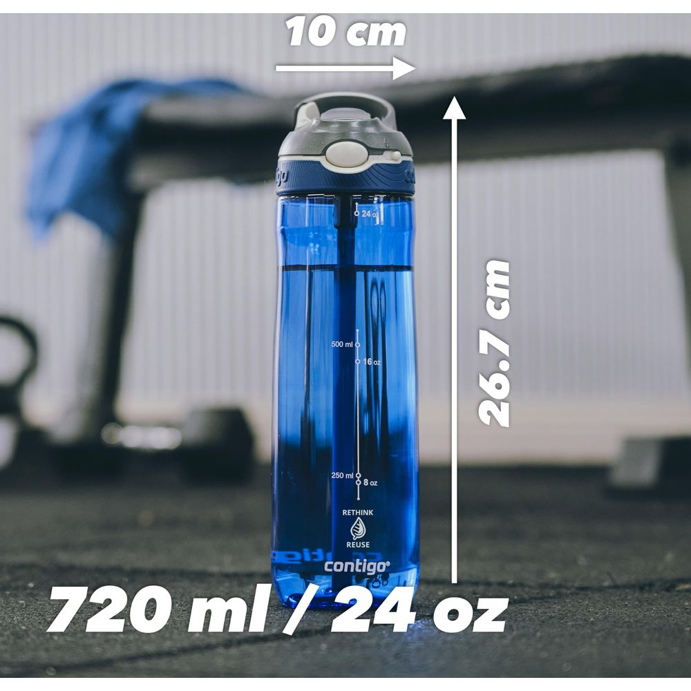 Blaue Contigo-Wasserflasche, 720 ml, 26,7 cm hoch, 10 cm breit.