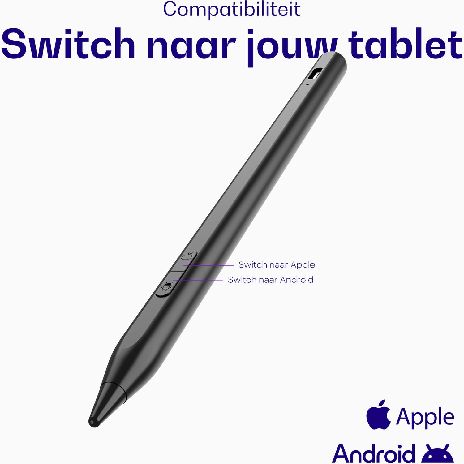 Een zwarte stylus met twee knoppen, compatibel met Apple en Android apparaten.
