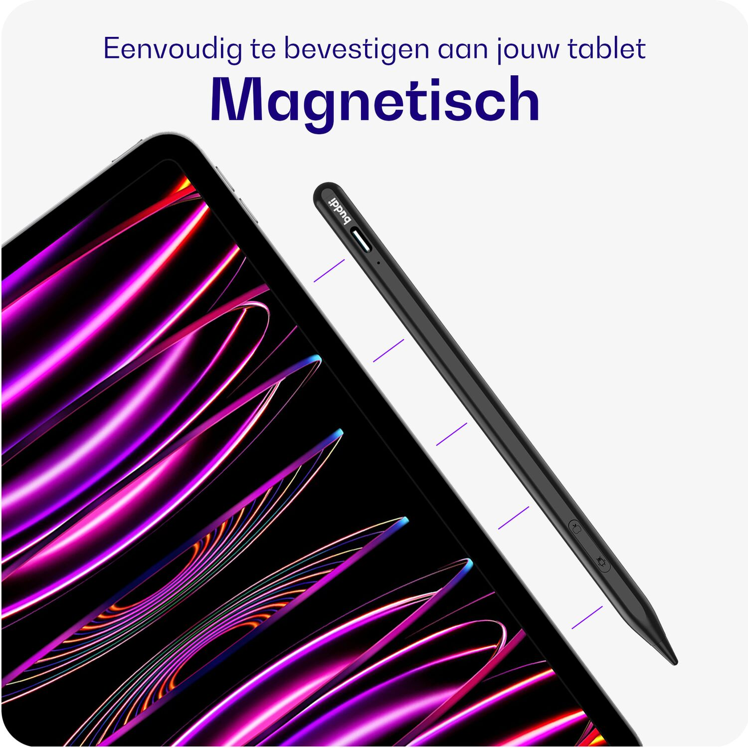 Een zwarte stylus rust naast een tablet met een paars en roze patroon op het scherm.