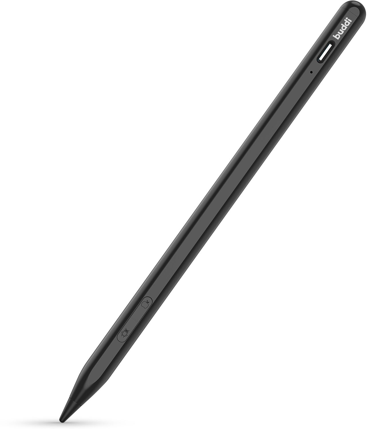 Een zwarte stylus pen met puntige punt en merknaam 'buddii' erop.