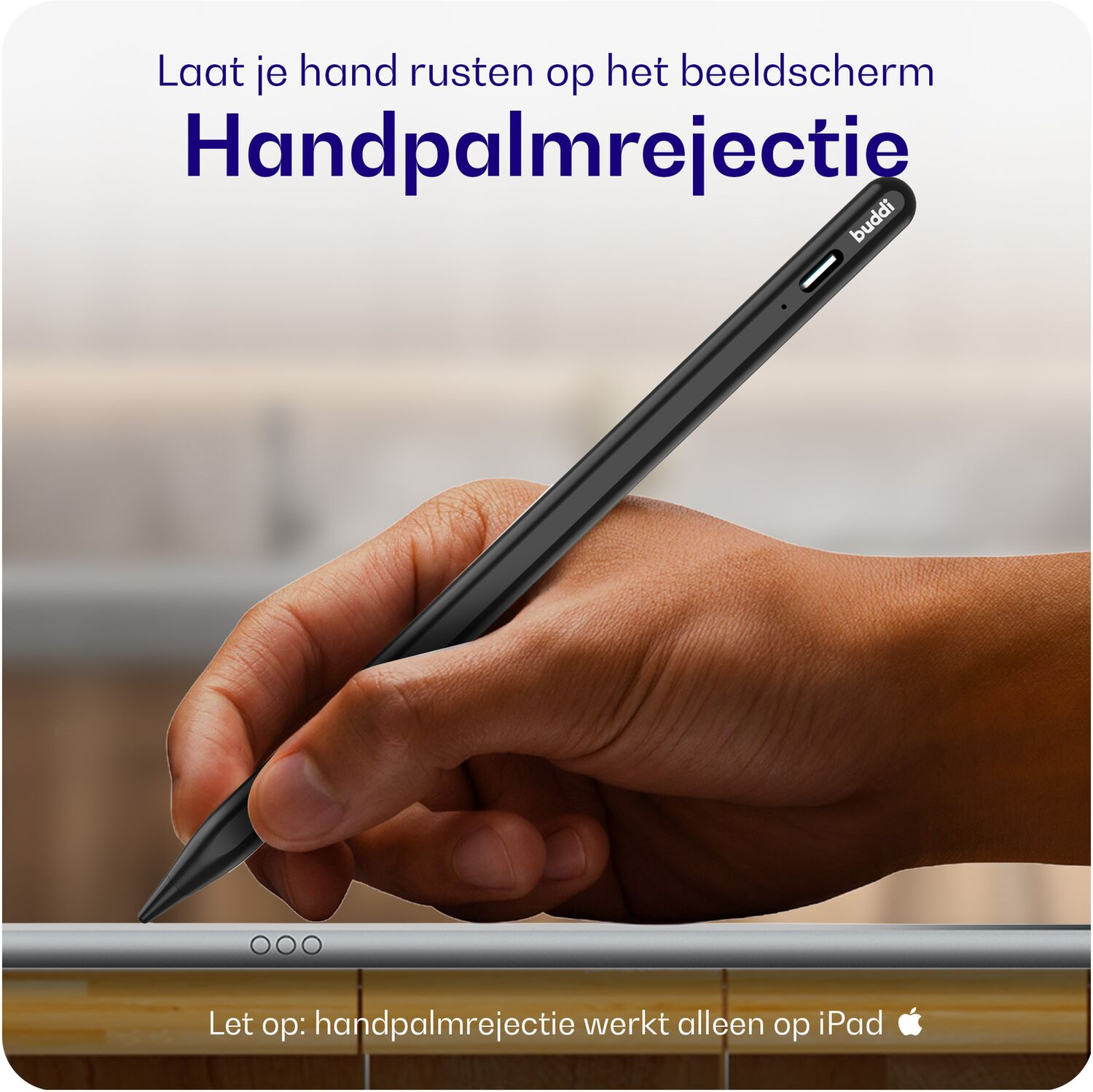 Hand rust op scherm, gebruikt stylus. Handpalmrejectie.