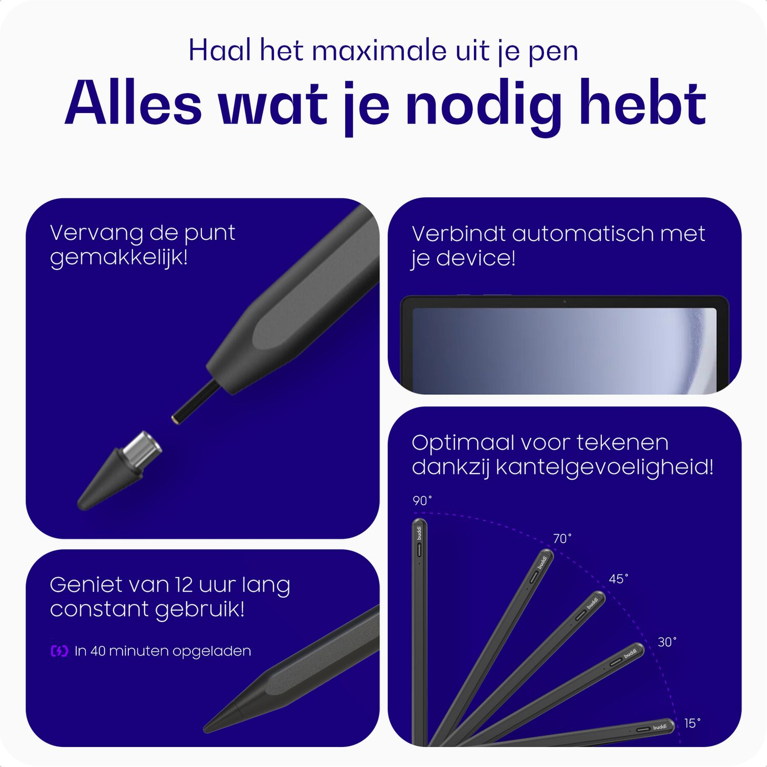 Een stylus met vervangbare punt, lange batterijduur en kantelgevoeligheid.