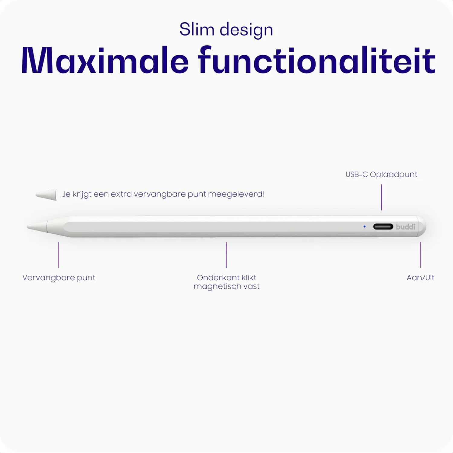 Een slanke witte Buddi stylus met USB-C, magnetisch uiteinde en vervangende punt.