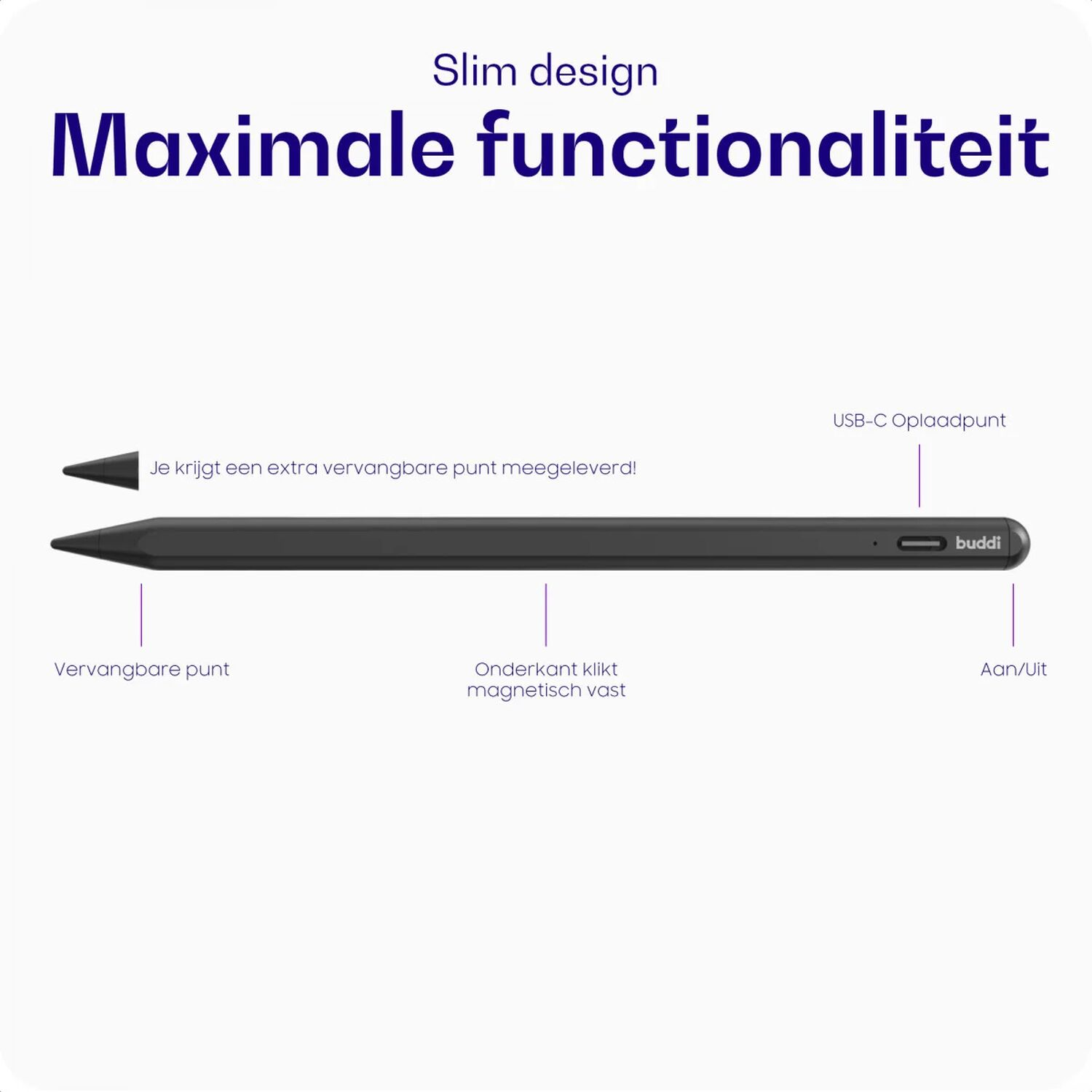 Slank design, maximale functionaliteit. Pen met USB-C, magnetische bevestiging, extra punt.