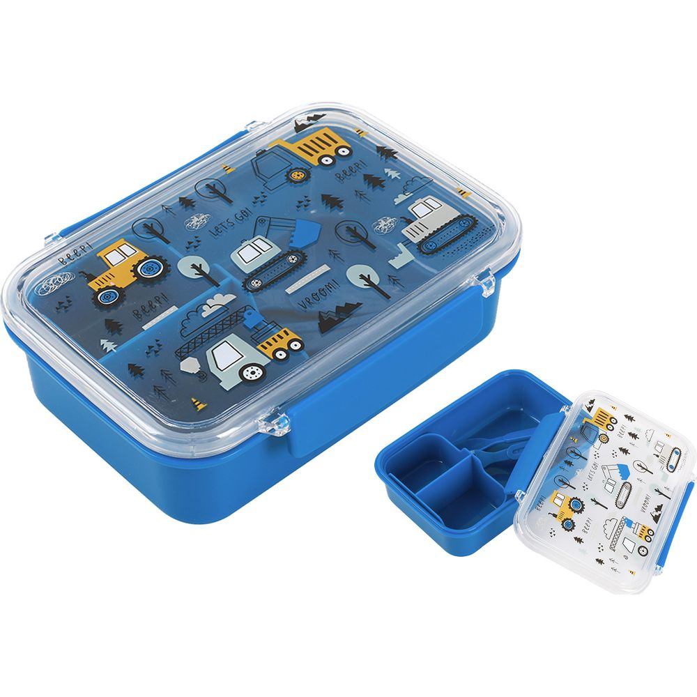 Blauer Brotdosen-Set mit Spielzeug-Baufahrzeugen auf dem Deckel.