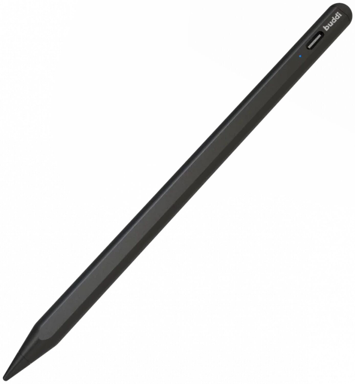 Een zwarte stylus pen met het 'buddi' logo en een blauw LED lampje.