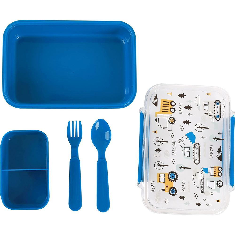 Blauer Brotdosen-Set mit Lätzchen, Gabel und Löffel mit Baustellenmotiv.