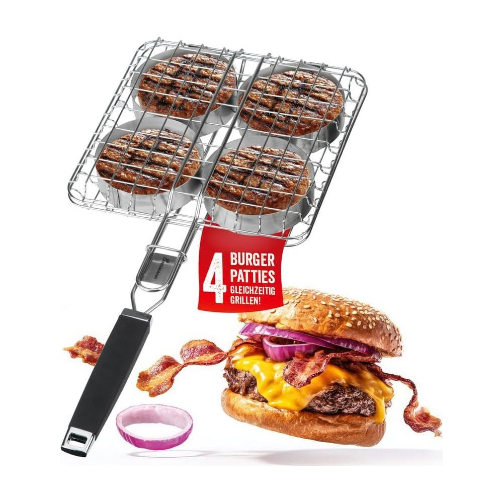 Grillkorb mit vier Pattys, daneben ein Burger, Speck und Zwiebel.