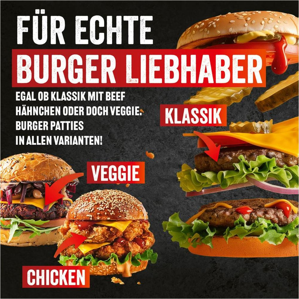 Werbeplakat für Burger: Klassik, Chicken und Veggie-Burger werden gezeigt.